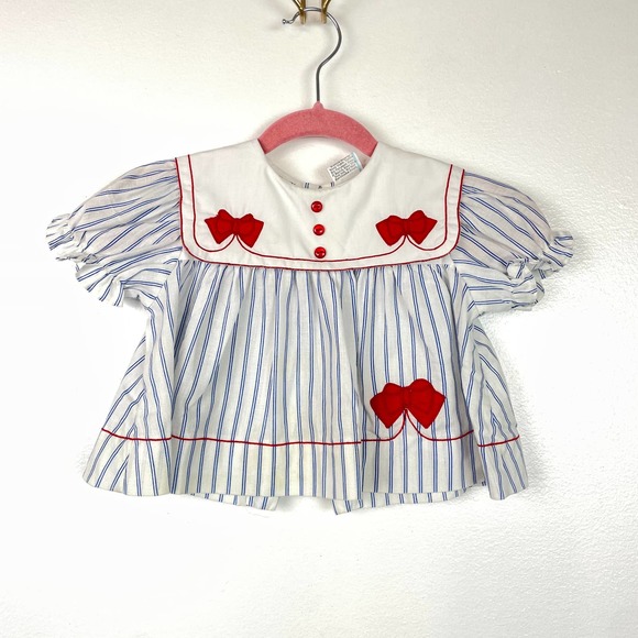 Vintage Red Bow Blue Stripe Dress Top Baby Girl Size 18 Months - Picture 1 of 5
